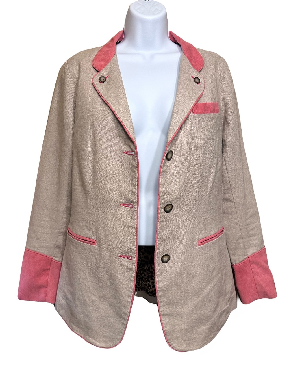 King Ranch Linen Blend Pink Contrast Trim Leopard Lined Blazer Small - Picture 3 of 4